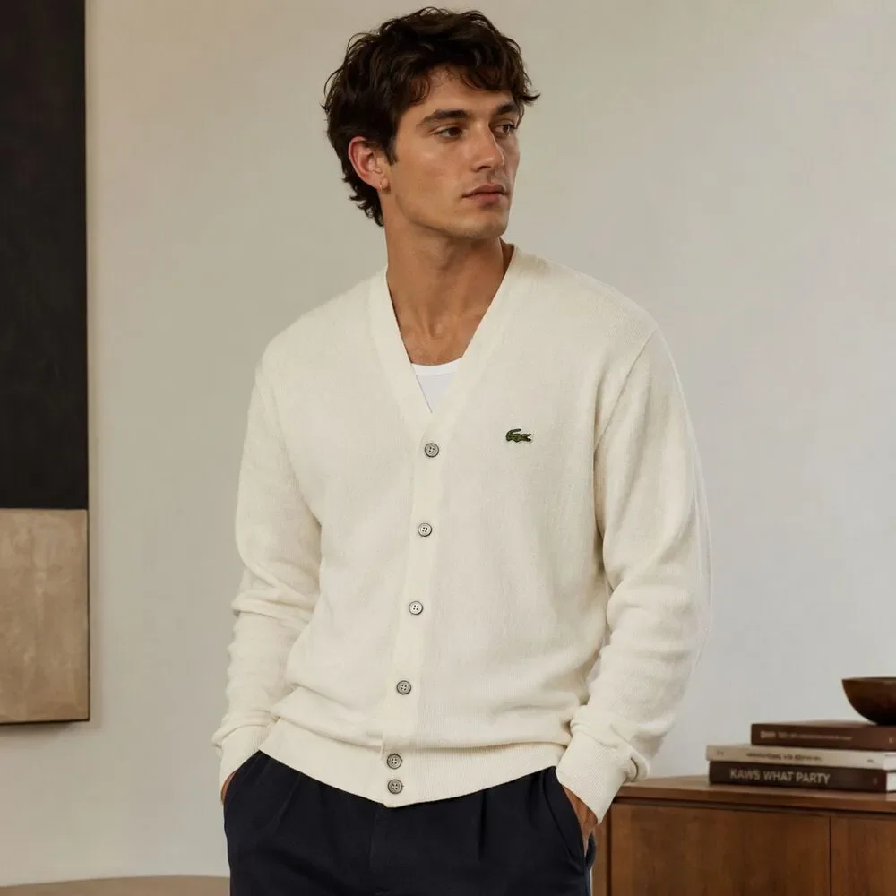 Vtg Izod lacoste Cardigan Sweater L White Orlon Acrylic USA Made Cracodile